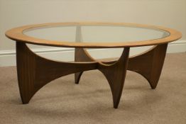 G-Plan teak oval coffee table with inset glass top, L123cm,