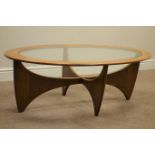 G-Plan teak oval coffee table with inset glass top, L123cm,