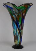 Murano multicoloured glass monumental trumpet shaped vase, indistinctly signed, & with label,