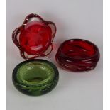 Whitefriars green glass encased bubble circular ashtray,