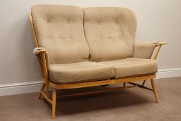 Ercol 'Windsor' light finish beech two seat settee, with upholstered loose cushions,