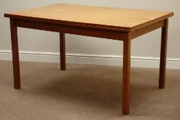 1960s large rectangular teak drawer leaf extending dining table, on square supports, H73cm,
