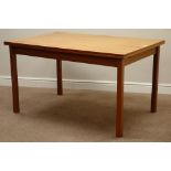 1960s large rectangular teak drawer leaf extending dining table, on square supports, H73cm,