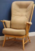 Ercol 'Windsor Evergreen' light beech finish easy chair with upholstered loose cushions,