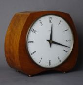 1970's Smiths teak cased mantel clock, circular white Arabic dial,