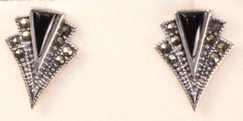 Pair of black onyx and marcasite 1940's style ear-rings stamped 925 Condition Report