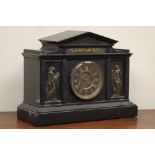 Victorian black slate mantel clock, cast metal Roman figure mounts,