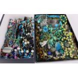 1940s and later bead necklaces and costume jewellery in two boxes Condition Report