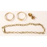 Two 9ct gold signet rings, chain link bracelet and pair ear-rings all hallm arked approx 8.