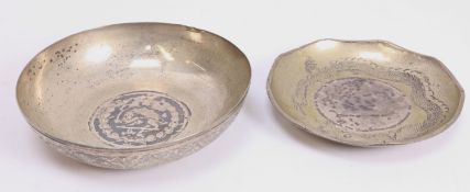 Chinese coin dish set with Yuan Shi Kai silver dollar stamped 90 silver and a Persian 1930's coin