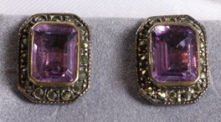 Pair of amethyst and marcasite ear-rings stamped 925 Condition Report <a