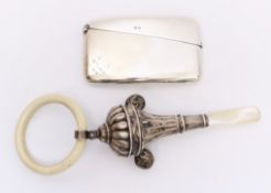 Victorian silver teething rattle and an Edwardian card case both hallmarked Condition