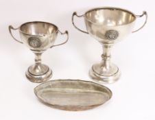 Two silver cricket trophies and silver lid all hallmarked approx 7oz Condition Report