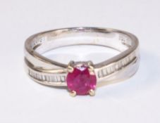 Ruby and baguette diamond white gold cross-over ring stamped 750 Condition Report