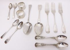 Various Georgian and later hallmarked silver flatware and pair of napkin rings approx 15.