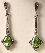 Pair of peridot and marcasite pendant ear-rings stamped 925 Condition Report <a