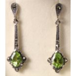 Pair of peridot and marcasite pendant ear-rings stamped 925 Condition Report <a