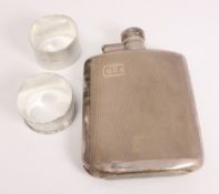 Hallmarked silver 1/4 oz hip flask (a.f.) and two napkin rings approx 7.