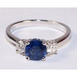 Sapphire and diamond three stone white gold ring hallmarked 18ct - sapphire approx 1.