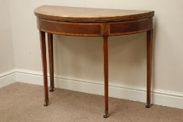 Early 19th century mahogany and satinwood banded demi-lune card table, fold over baize lined top,