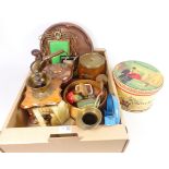 Art Nouveau brass picture frame, early 20th Century coffee grinder, copper kettle, oak tobacco jar,