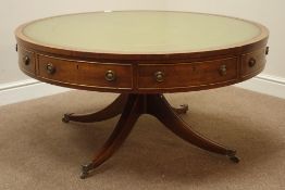 Bevel Funnel Reprodux mahogany circular drum table, leather inset top, four drawers,