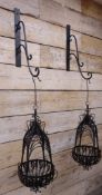 Pair black finish metal wirework hanging baskets with brackets, W36cm,
