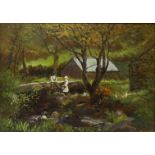 Figures Fishing by Wooded Stream, early 20th century oil on board unsigned 24cm x 33.