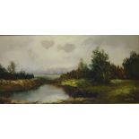 Mountainous River Landscape, 20th century oil on canvas indistinctly signed 50.5cm x 100.