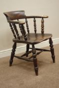 19th century elm and beech smokers bow captains armchair, turned supports, dished elm seat,