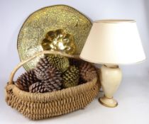 Large brass tray, string work basket with acorn display and a pottery table lamp,