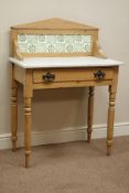 Late 19th century pine washstand with marble top and tiled splash back, W75cm, H103cm,