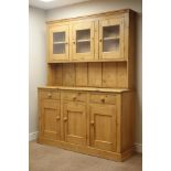 Waxed pine kitchen dresser, three drawers and three cupboards, raised glazed display cabinets,