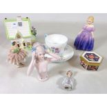 Royal Doulton figurine 'Marie', two early 20th Century pin cushion dolls,