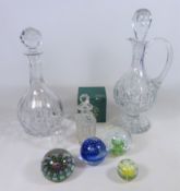 Large cut glass Claret jug, cut glass decanter two early 20th Century scent bottles,