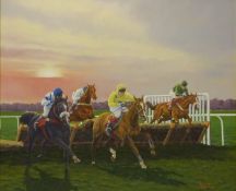 Hurdlers at Sunset, oil on canvas signed by Philip Toon (British 1954-), 49.5cm x 59.