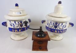 Pair of decorative Drug jars & covers labelled in blue for Honey & Tamarinds H34cm and a Peugeot