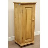 Narrow waxed pine cupboard, single panelled door, with two shelves, W46cm, H116cm,