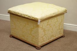 Victorian mahogany ottoman footstool, hinged lid, on turned feet, upholstered in gold damask fabric,