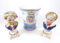 Pair of porcelain busts of children and a Chateau De Versailles vase (3) Condition