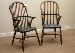 Pair late 20th century beech double bow and stick back Windsor armchairs turned supports connected