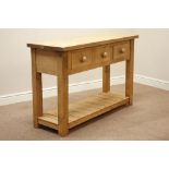 Traditional pine three drawer dresser base, on pot board base, W128cm, H83cm,