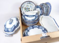 Victorian blue and white dinnerware, two Wood's Ware plates decorated with peacocks,