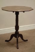 George III inlaid oak decagonal tilt top table, turned column with three splayed legs, wooden catch,