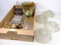 Set of four mid 20th Century glass light shades, Art Deco light shades, brass light fittings,