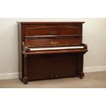 Early 20th century 'Russell & Russell' mahogany cased upright piano, iron framed and overstrung,