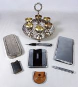 Elkington silver plated egg cup holder, Ronson pen lighter, cigarette case,
