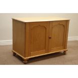 19th century polished pine double cupboard sideboard, two pointed ogee panelled doors, W113cm,