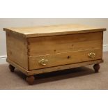 Large reclaimed pine rectangular coffee table, single drawer, on turned feet, 106cm x 65cm,