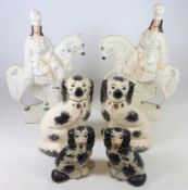 Pair of Staffordshire flatback figures of Highlanders with deer on horseback and two pairs of